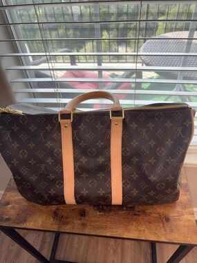 Louis Vuitton keepall 45 Monogram Brown Travel Tote with Tan Leather Handles